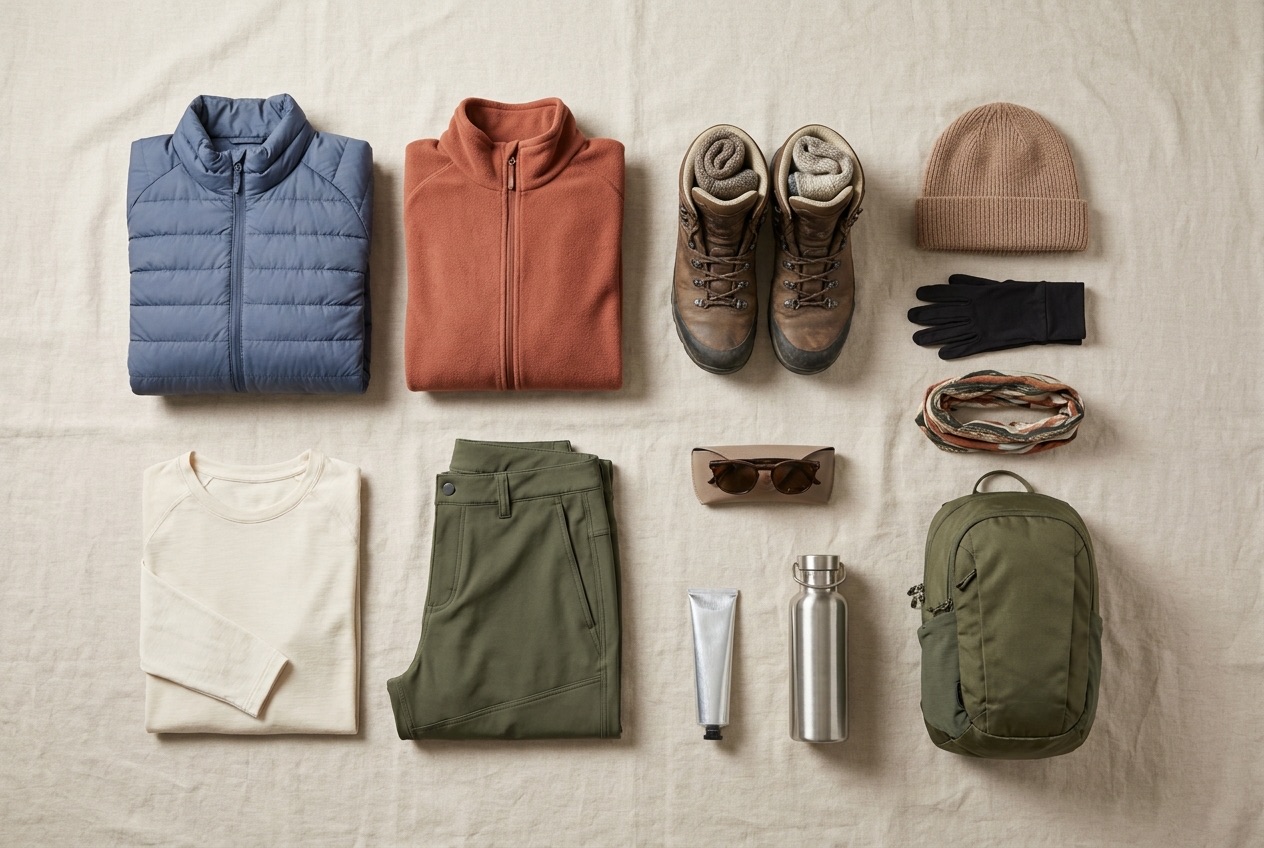 Spring hiking kit for Mount Teide laid out flat: light insulated jacket, terracotta fleece, cream base layer, olive hiking trousers, leather boots with wool socks, beanie, liner gloves, neck gaiter, sunglasses, sunscreen, water bottle and daypack