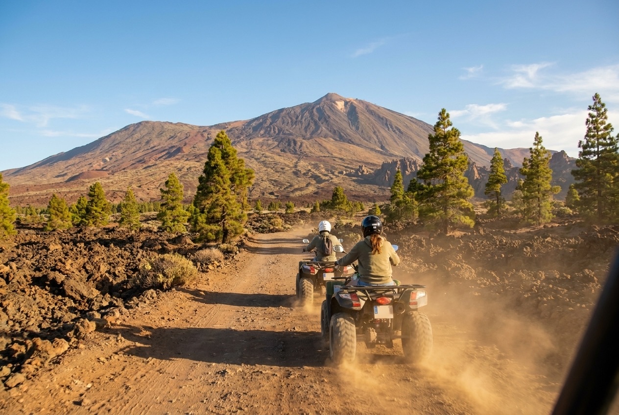 Quad bikes riding a dusty volcanic track through the lava fields towards Mount Teide