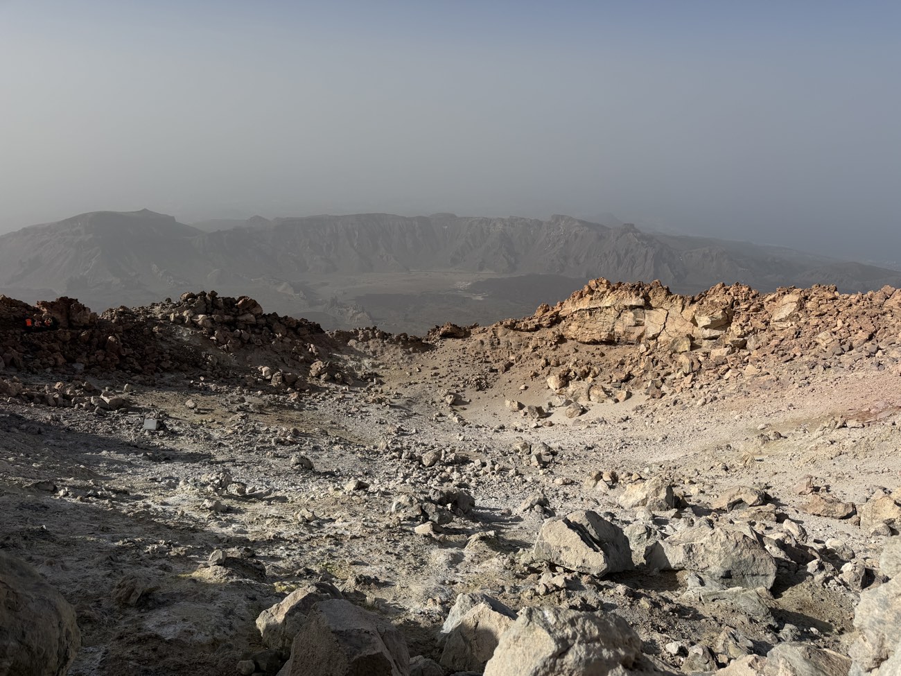 Pale sulphur-stained rocks at the summit crater of Mount Teide